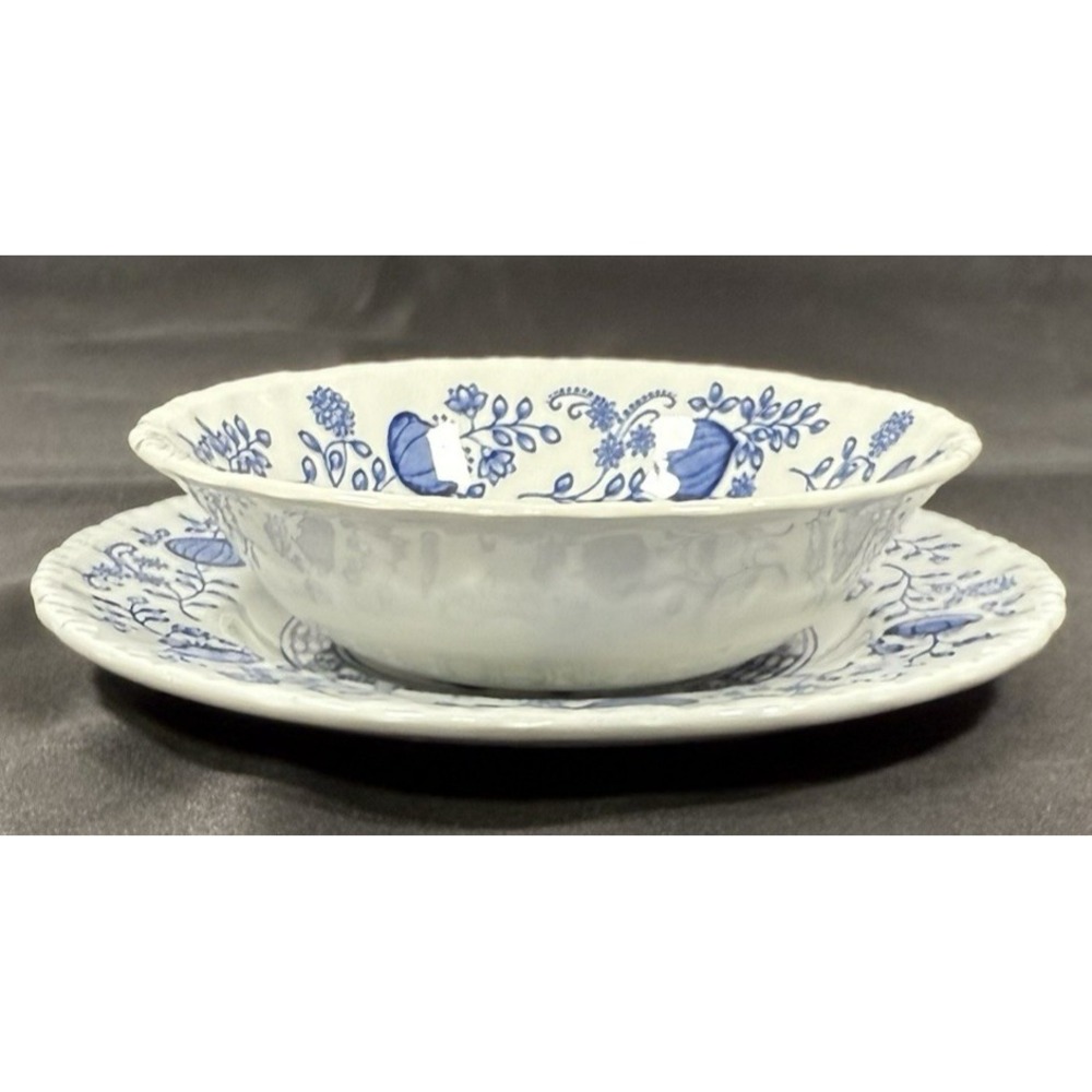 Blue Heritage Blue Onion Saucer & Bowl Set England Blue White Vintage Ironstone